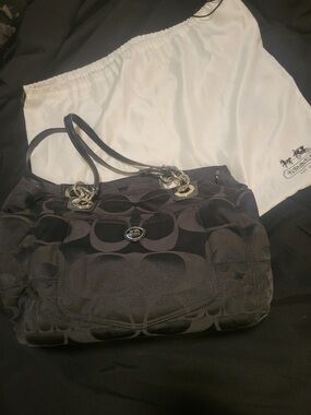 Coach Black Signature Jacquard Shoulder Diaper Bag with Polished Hardware